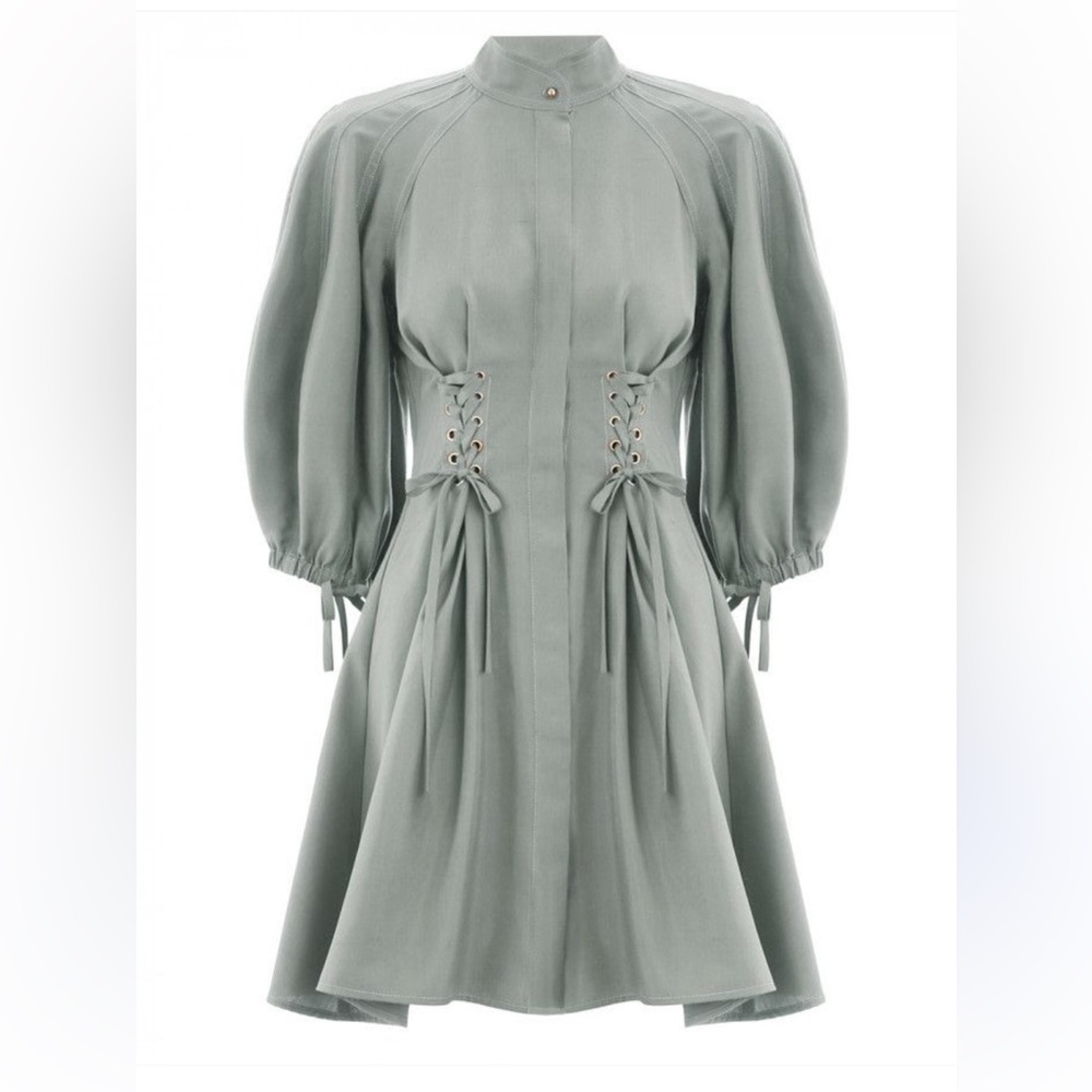 Zimmermann Sage Green Puff Sleeve Lace-Up Waist Dress